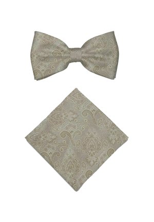 Beige Fliege mit Paisley-Muster und passendem Einstecktuch mit Blumen- und Wirbelmustern auf strukturiertem Stoff.