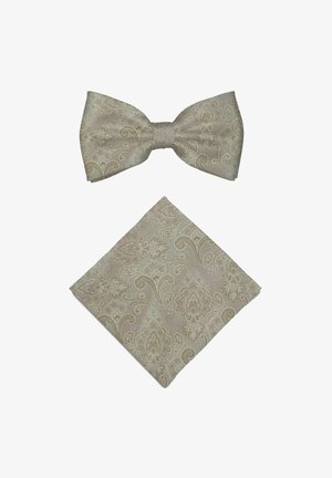 Beige vlinderdas met paisley-patroon en bijpassend pochet met bloemen- en spiraalvormige ontwerpen op een gestructureerde stof.