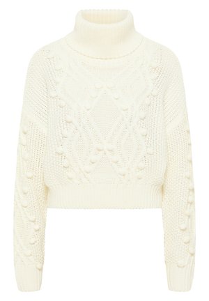 Jersey de punto blanco con cuello alto, que presenta patrones texturizados y detalles en relieve en 3D. Diseño cropped con puños y dobladillo acanalados.