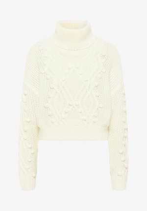 Biały sweter robiony na drutach z wysokim kołnierzem, z teksturowanymi wzorami i 3D detalami w formie pomponów. Skrócony krój z prążkowanymi mankietami i dołem.