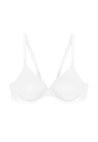 Soutien-gorge en mousse blanc avec bretelles réglables, bonnets lisses et fermeture à crochets au dos. Fabriqué en tissu doux et extensible. Pas de motifs visibles.