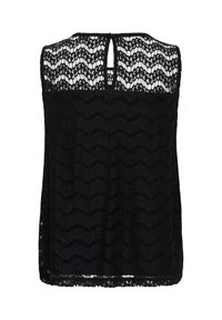 Haut sans manches en dentelle noire avec motif floral festonné et petite fermeture à bouton œillet dans le haut du dos.