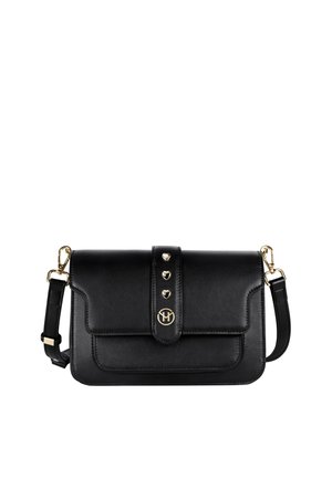 Black leather handbag featuring three heart-shaped studs, a front flap with a magnetic closure, and a gold logo. Includes a detachable strap.