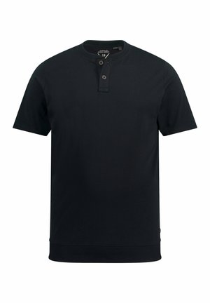 Camiseta tipo polo para hombre de manga corta en color negro, confeccionada en algodón. Cuenta con un cuello redondo, tapeta con botones y dobladillo y puños acanalados. Diseño sencillo.
