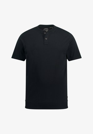 Camiseta tipo polo para hombre de manga corta en color negro, confeccionada en algodón. Cuenta con un cuello redondo, tapeta con botones y dobladillo y puños acanalados. Diseño sencillo.