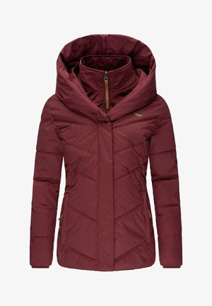 Burgundy puffer jacket with a large hood, diagonal stitching, zip closure, and subtle logo tag. Features side pockets and cuffed sleeves.