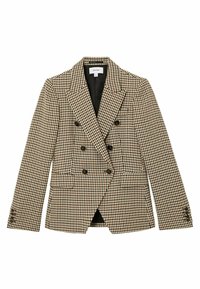 Double-breasted blazer with brown, black, and white houndstooth pattern, six buttons on front, and two flap pockets.