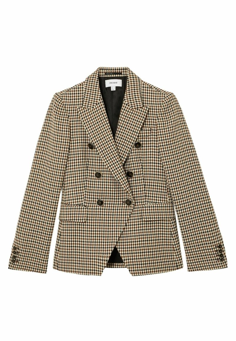 Double-breasted blazer with brown, black, and white houndstooth pattern, six buttons on front, and two flap pockets.