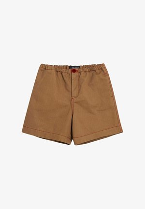 Pantalones cortos de tela marrón con cintura de cordón, detalles de costuras rojas y un solo botón en la parte delantera. Forma sencilla y cuadrada sin bolsillos.