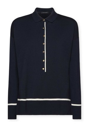 Marineblauer Poloshirt-Pullover mit langen Ärmeln und einem weißen gestreiften Saum, ausgestattet mit einer Knopfleiste mit goldenen Knöpfen und einem klassischen Kragen.