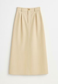 Beige knee-length skirt made of structured fabric, featuring front pleats, a single button closure, and a straight cut with a smooth texture.