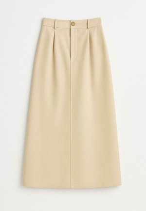 Beige knielange rok van gestructureerde stof, met frontplooien, een enkele knoopsluiting en een rechte snit met een gladde textuur.