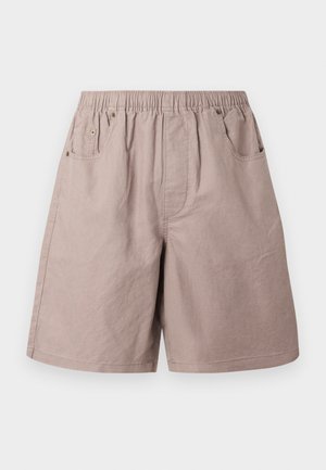 Beige Baumwollshorts mit elastischem Bund, zwei Seitentaschen und subtilen Steppnähten. Glatte Textur, knielanges Design.