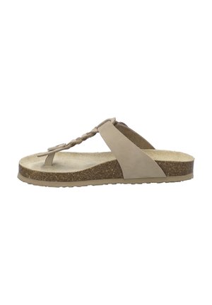 Beige thong sandal with braided strap detail, cork footbed, and textured sole. Flat profile and minimalist design.