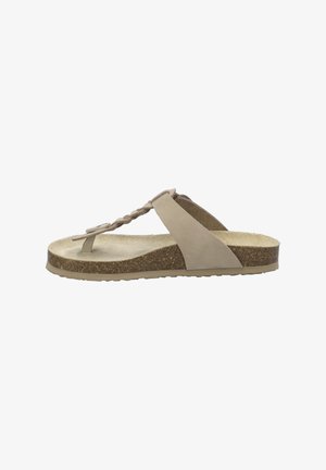 Sandale tanga beige avec détail de sangle tressée, semelle en liège et semelle texturée. Profil plat et design minimaliste.