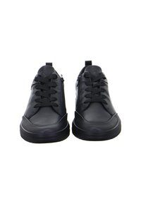 Pair of black lace-up casual shoes with side zippers and pull tabs, viewed from the front on a white background.