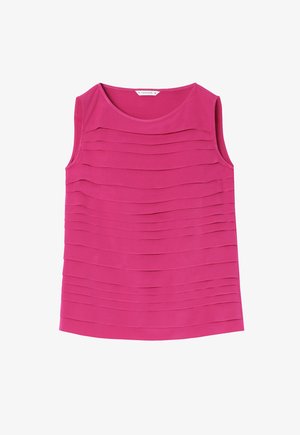 Fuksijas krāsas bez piedurknēm topiņš ar daudzslāņu krokām, noapaļotu izgriezumu un gludu tekstūru. Audums ir viegls un elpojošs.