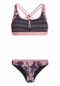 Reggiseno sportivo con spalline incrociate, a fantasia in blu scuro con accenti rosa. Slip coordinato con design tie-dye in rosa e viola.