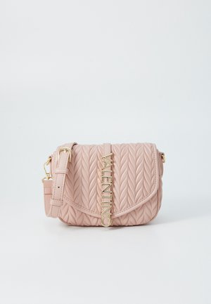 Pink quilted leather crossbody bag with gold hardware and a prominent VALENTINO logo. Features a flap closure and an adjustable strap.
