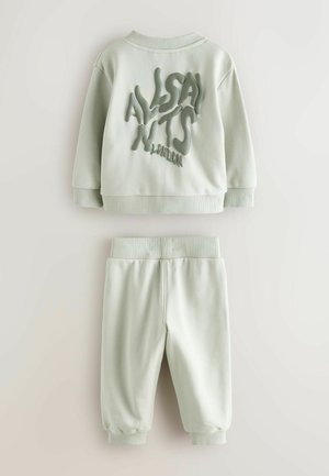 Hellgrünes Sweatshirt- und Jogginghosen-Set mit strukturiertem "ALLSAINTS"-Logo auf der Rückseite, gerippten Bündchen und Bund für eine bequeme Passform.