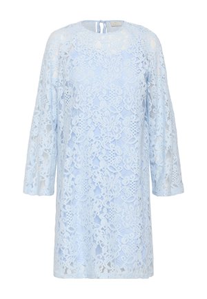 Hele sinine lilleline pitskleit pikkade varrukate ja ümarate kaelustega, mille taga on väike lips sulgemiseks.