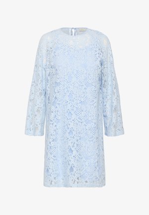 Hele sinine lilleline pitskleit pikkade varrukate ja ümarate kaelustega, mille taga on väike lips sulgemiseks.