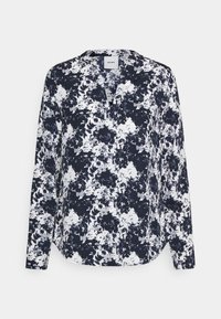 Marinblå och vit blommig långärmad blus med V-halsringning, med en lös passform och mjuk tygtextur, perfekt för avslappnad användning.