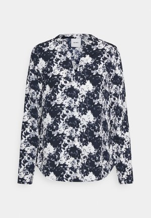 Marineblaues und weißes Blumenmuster-Bluse mit langen Ärmeln und V-Ausschnitt, locker sitzend und aus weichem Stoff, ideal für lässige Anlässe.