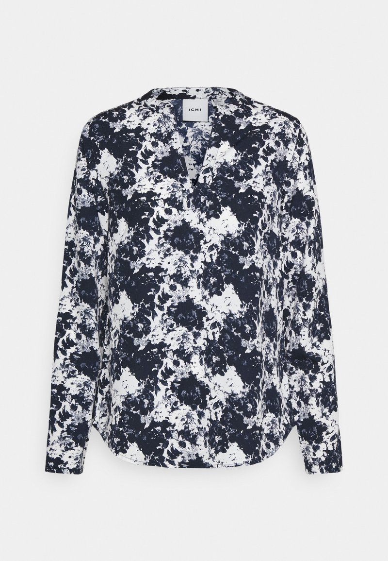 Marinblå och vit blommig långärmad blus med V-halsringning, med en lös passform och mjuk tygtextur, perfekt för avslappnad användning.