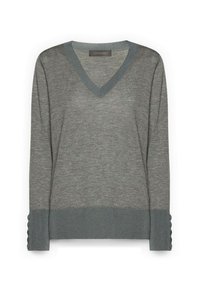 Grijze trui met een V-hals, lange mouwen en geruite manchetten met knoopaccenten. Zacht gebreid materiaal met contrasterende grijze bies.