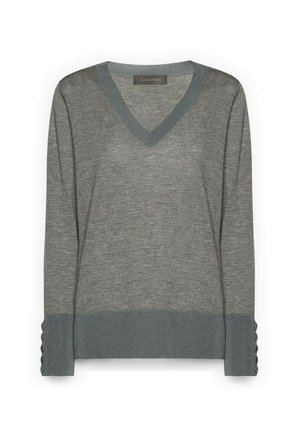 Grijze trui met een V-hals, lange mouwen en geruite manchetten met knoopaccenten. Zacht gebreid materiaal met contrasterende grijze bies.
