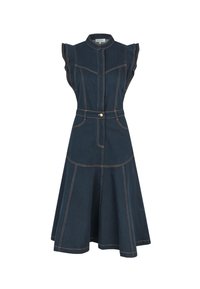 Dunkelblaues Jeanskleid mit kurzen Rüschensäumen, hohem Kragen, Knopfleiste vorne, tailliertem Schnitt, schwingendem Rock und kontrastierendem orangefarbenem Nähten.