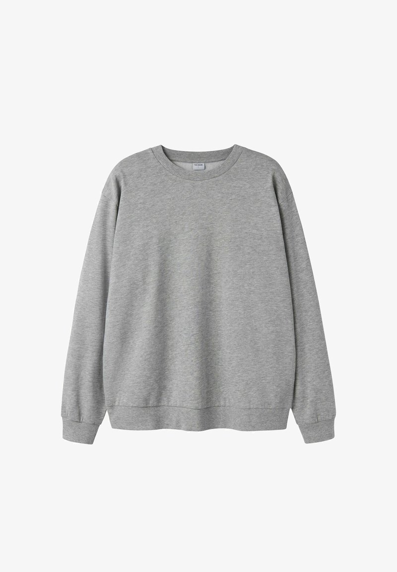 Felpa grigia in morbido misto cotone, con scollo rotondo, maniche lunghe e polsini e orlo a costine. Tessuto liscio.