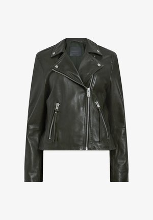 Groene leren motorjack met zilveren ritsen. Heeft een gesneden kraag, een cropped ontwerp en twee ritszakken aan de voorkant.