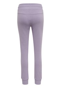Lavender-colored, high-waisted jogger pants with ribbed waistband and ankle cuffs, shown from the back on a white background.