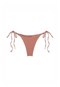 Rebrast bikini hlačke iz metalizirane tkanine z ribastim vzorcem in tankimi stranskimi vezalkami. Imajo V-oblikovan sprednji del in minimalističen dizajn za eleganten videz.