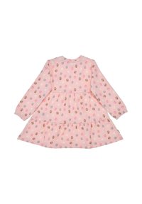 Langärmliges pinkes Kleid mit gepunktetem Muster in Pastellfarben und einem gestuften Rockdesign mit rundem Halsausschnitt.