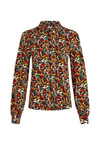 Colorful floral blouse with long sleeves, buttoned front, and a fitted collar. Features a mix of red, orange, blue, and green on a black background.