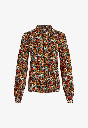 Blusa floral colorida con mangas largas, delantero abotonado y cuello ajustado. Presenta una mezcla de rojo, naranja, azul y verde sobre un fondo negro.