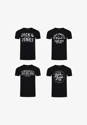 Vier schwarze T-Shirts mit verschiedenen weißen Grafiken und Texten, darunter der Markenname "Jack & Jones" und das Gründungsjahr "1990".