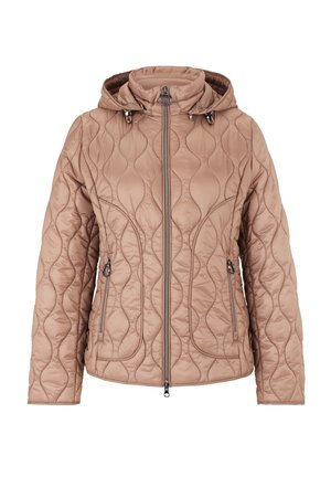 Padded hooded jacket in light tan with quilted wave pattern, front zip closure, two side pockets, and adjustable drawstring at hood.