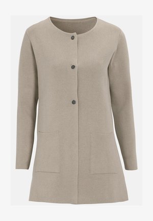 Beige knitted cardigan with a round neckline, front button closure, two front pockets, and long sleeves. Textured fabric detail.
