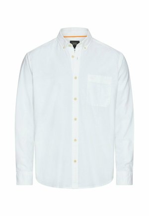 Biała, długorękawowa koszula na guziki z przednią kieszenią i kołnierzykiem na guziki, z beżowymi guzikami i lekko zaokrąglonym dolnym brzegiem.