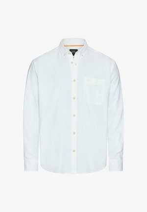 Weißes langärmliges Hemd mit Knöpfen, Vorderseite mit Tasche und kragen mit Knopf, beige Knöpfe und leicht geschwungener Saum.