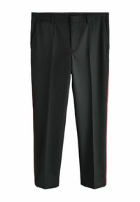 Schwarze formelle Hosen mit geradem Schnitt, versehen mit roten Seitenstreifen und frontalen Taschen. Aus glattem Stoff mit maßgeschneidertem Finish.