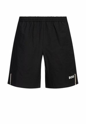 Pantaloni sportivi neri con elastico in vita, caratterizzati da un logo bianco 'BOSS' e da una sottile accentuazione beige lungo il lato. Tessuto dalla consistenza liscia.