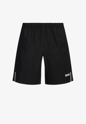 Sorte træningsshorts med elastisk talje, der har et hvidt 'BOSS' logo og en tynd beige accent langs siden. Glat stofstruktur.