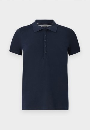 Marineblaues Polohemd mit kurzen Ärmeln aus Baumwollmischgewebe, mit Kragen, einer Knopfleiste mit fünf Knöpfen und einem geraden Saum mit minimaler Naht.