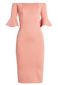 Off-shoulder, ljusrosa midiklänning med utsvängda ärmar, strukturerad bodice och kroppsnära kjol. Tillverkad av ett mjukt, lätt tyg.