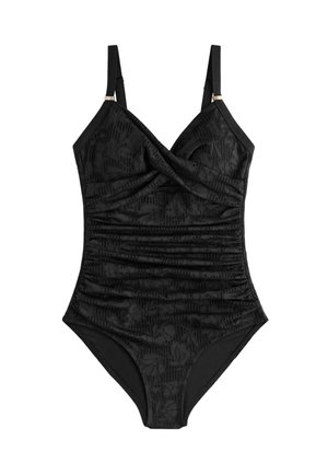 Costum de baie întreg negru cu bretele reglabile, față în stil înfășurat și model floral texturat.